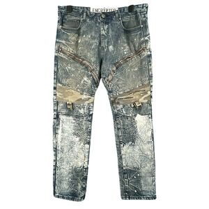 VTG ENCRYPTED Distressed ACID WASH Denim PAINT SPLATTER Zipper MOTO Jeans 38-32